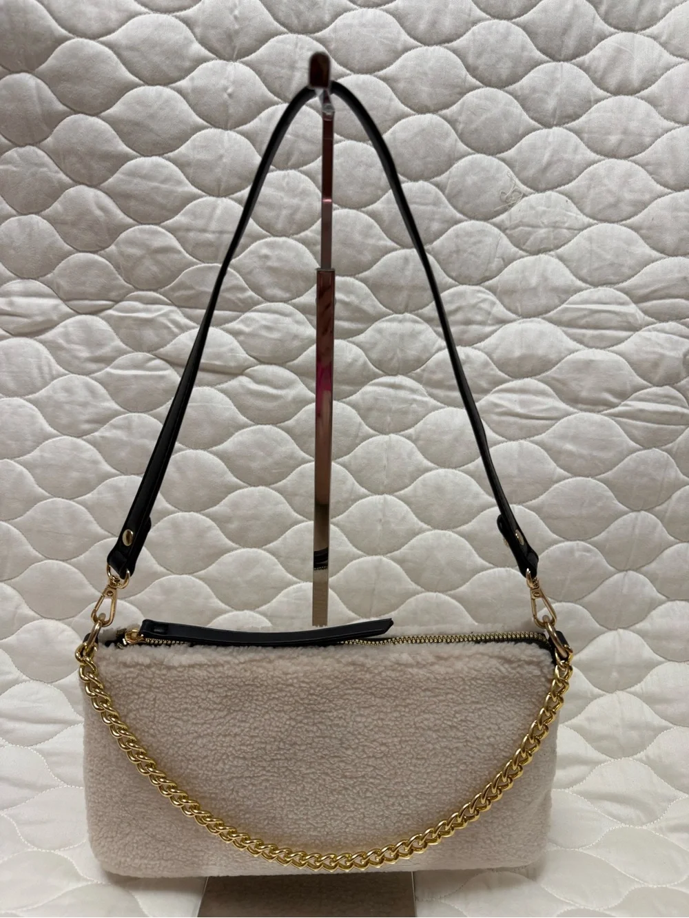 Crossi New York Faux Shearling/Sherpa Chain Slouchy Shoulder bag